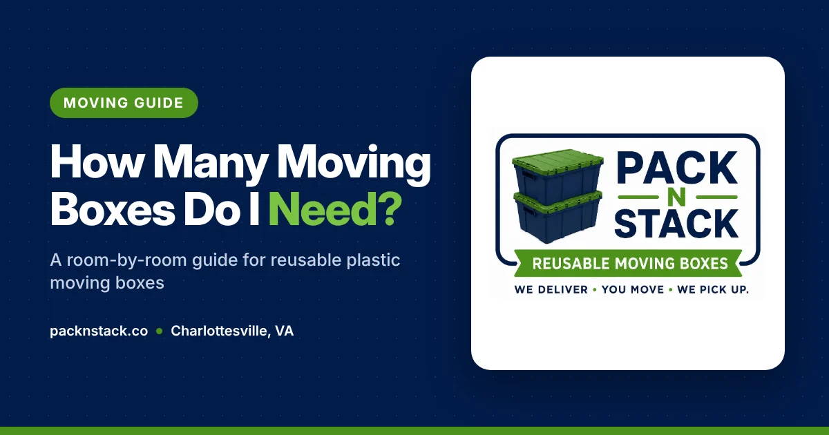 Stacked reusable plastic moving boxes ready for a Charlottesville move